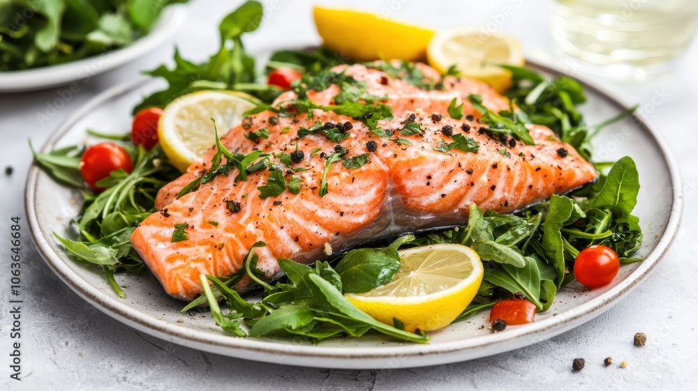 A plate of salmon and greens with lemon slices on top A plate of salmon and greens with lemon slices on top