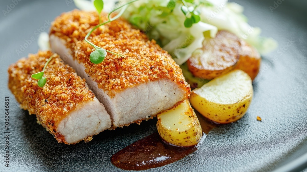 Pork cutlet coated with breadcrumbs with potatoes and cabbage . Pork cutlet coated with breadcrumbs with potatoes and cabbage .