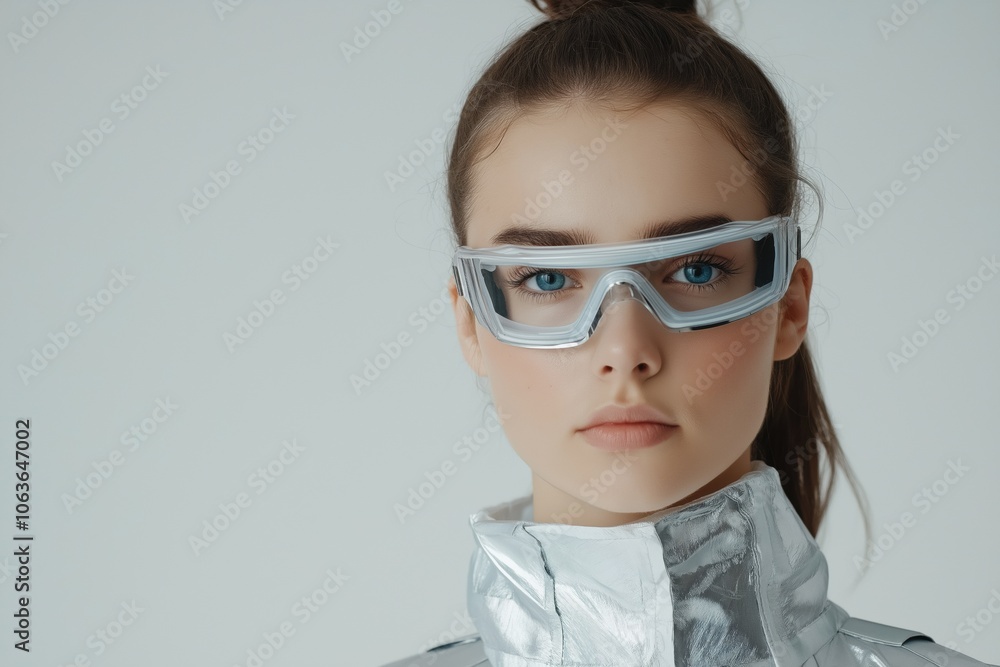 A woman wearing a silver jacket and goggles. She has blue eyes and a pinkish face. The image conveys a futuristic and sci-fi vibe A woman wearing a silver jacket and goggles. She has blue eyes and a pinkish face. The image conveys a futuristic and sci-fi vibe