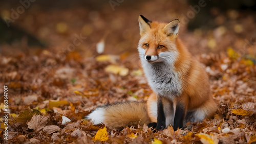 A red fox sitting among fallen autumn leaves. The fox's fur is rich in color and contrasts against the blurred orange, yellow, and brown leaves in the background, giving a cozy and serene autumn vibe.