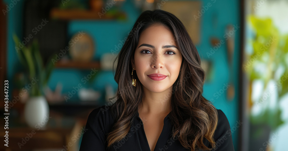 Confident Young Woman in Modern Indoor Setting with Vibrant Background Confident Young Woman in Modern Indoor Setting with Vibrant Background
