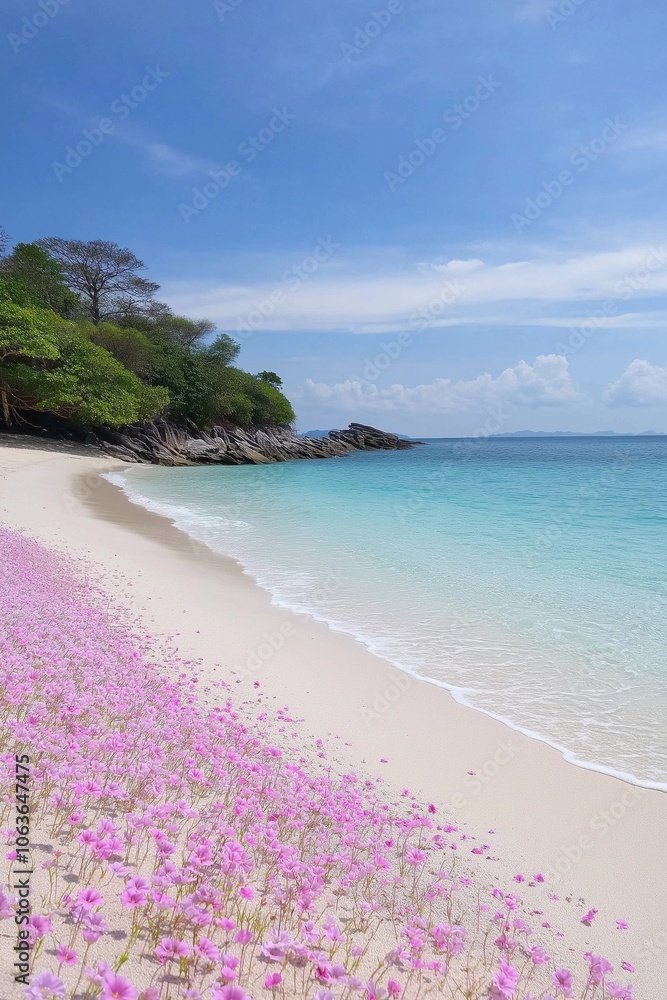 Obraz premium A beautiful beach scene with pink flowers and a blue ocean. The flowers are scattered along the shore, creating a colorful and serene atmosphere. The ocean is calm and inviting