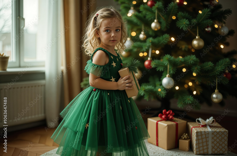 A little girl with curly blond hair in a lush green holiday dress holds a gift in her hands against the background of a Christmas tree. Child on the background of a Christmas tree with a gift. A little girl with curly blond hair in a lush green holiday dress holds a gift in her hands against the background of a Christmas tree. Child on the background of a Christmas tree with a gift.