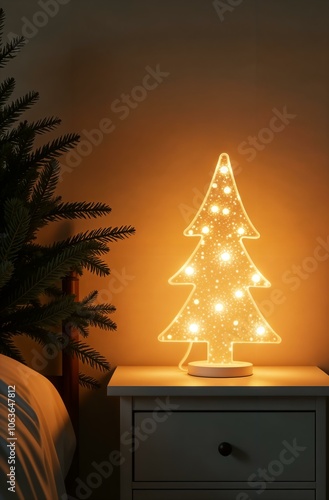Lamp in the form of a Christmas tree. Christmas night light on the bedside table. Glass lamp.