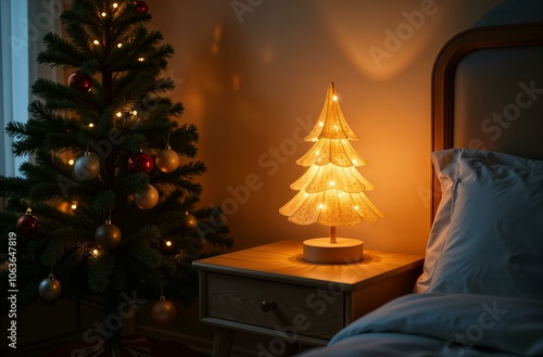 Lamp in the form of a Christmas tree. Christmas night light on the bedside table. Glass lamp.