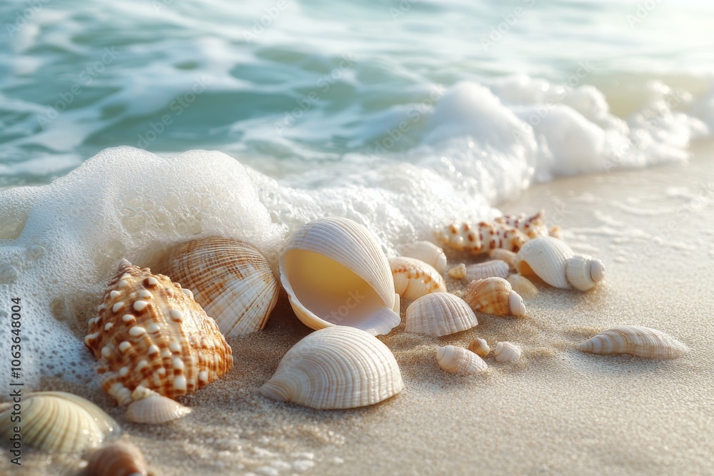 Seashells on Sandy Beach with Ocean Waves Seashells on Sandy Beach with Ocean Waves