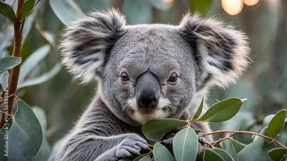Obraz premium Macro shot showcasing the soft texture of a koala's fur blending seamlessly with the muted tones of eucalyptus leaves