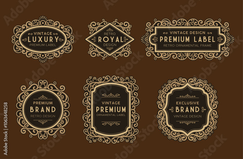 Elegant Vintage Ornamental Label Collection with Golden Frames