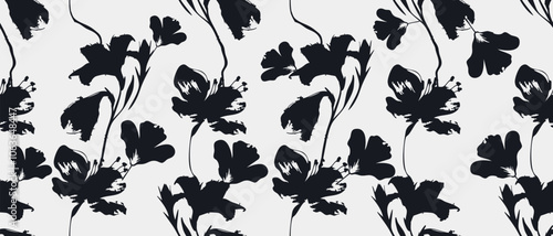 Abstract organic flower shapes seamless pattern, Modern print black and white floral hand drawn minimal design for wall art, fabric, card, cover and decoration vector illustration