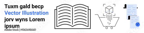 Open book, shopping cart with floating cube, documents with checkmark and notifications, text elements. Ideal for education, online shopping, technology, documentation, data management, information