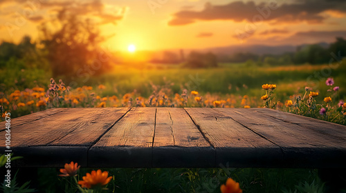 Wooden Tabletop with Sunset...
