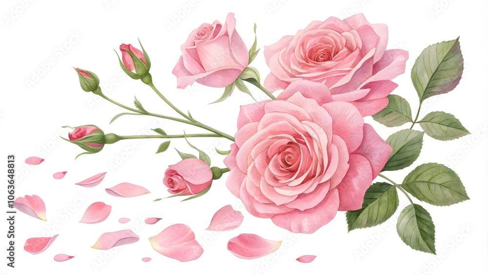 Blooming Pink Roses and Petals on White Background, Elegant Floral Display
Blooming Pink Roses and Petals on White Background, Elegant Floral Display