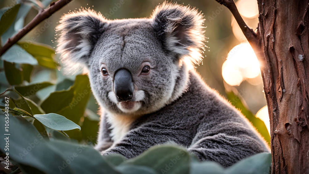 Obraz premium Captivating close-up image of a koala blending with its natural surroundings in a tranquil eucalyptus grove at sunrise