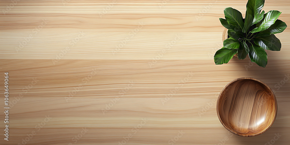 Light Wooden Table with Bowl and Green Plant – Top View Light Wooden Table with Bowl and Green Plant – Top View
