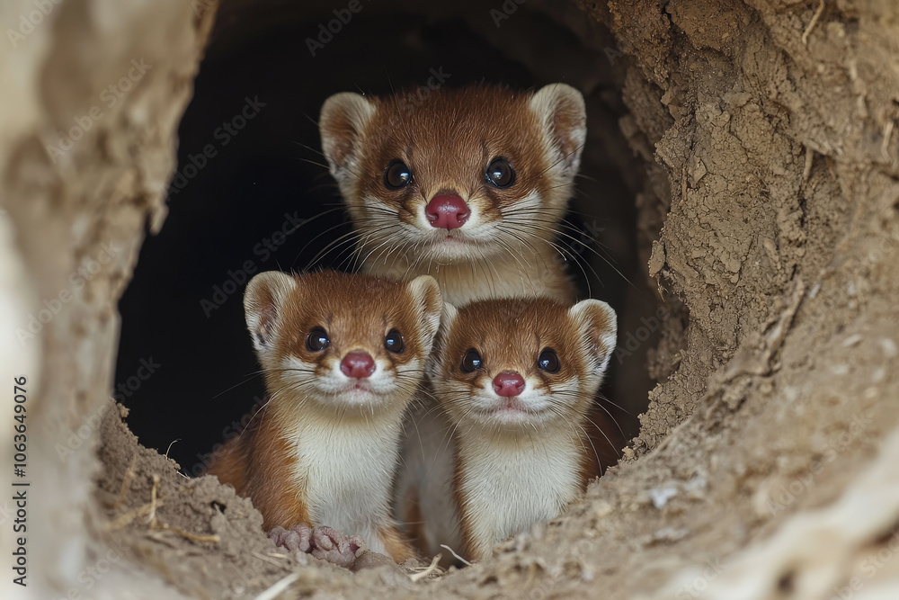 stoat family in burrow, featuring playful kits with bright eyes and soft fur. scene captures warm, nurturing atmosphere as they explore their cozy home stoat family in burrow, featuring playful kits with bright eyes and soft fur. scene captures warm, nurturing atmosphere as they explore their cozy home
