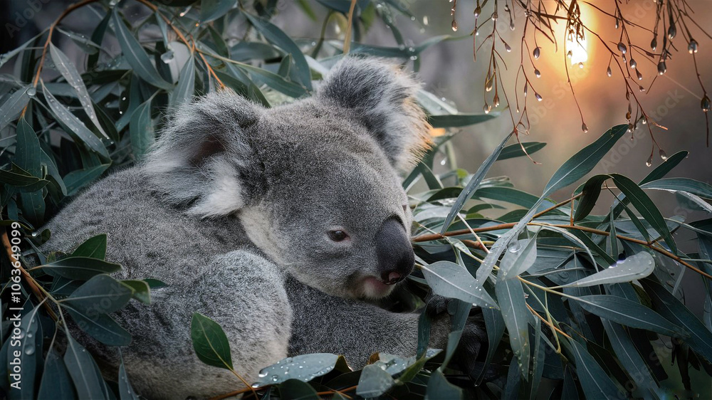 Fototapeta premium Detailed close-up image of a koala nestled in eucalyptus leaves capturing the essence of early morning tranquility