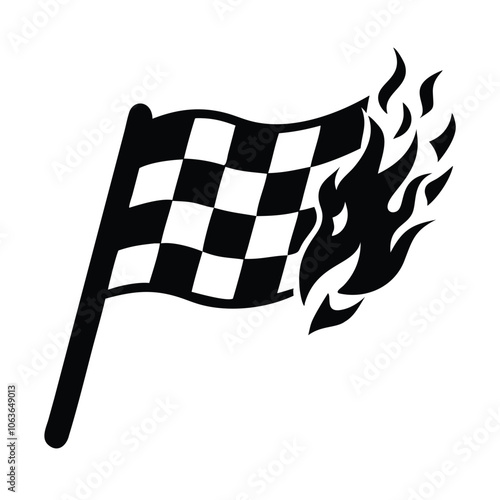 Checkered racing flag with flames icon, Illustration of a checkered racing flag with flames, symbolizing speed, competition, and excitement in racing and high-performance sports.