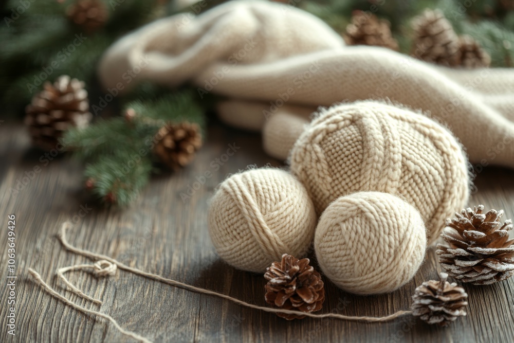 Natural Wool Yarn Balls with Pine Cones and Fir Branches on Rustic Wood Table Natural Wool Yarn Balls with Pine Cones and Fir Branches on Rustic Wood Table