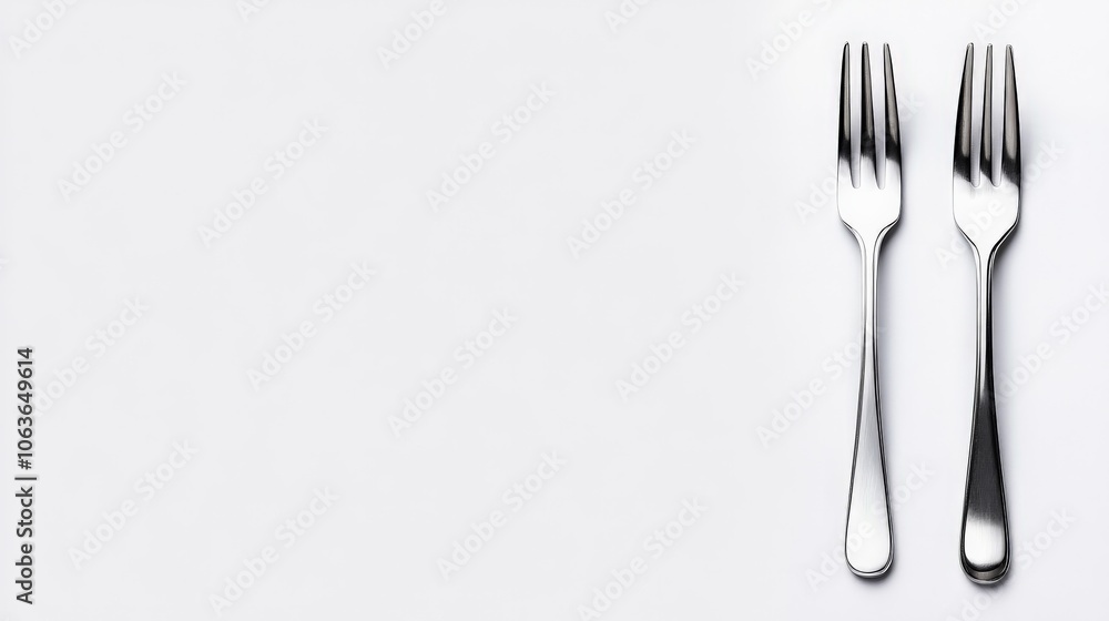 Naklejka premium Two Forks on White Background: Minimalist composition of two silver forks against a pristine white backdrop, offering a simple yet elegant visual for culinary or dining-related concepts. 