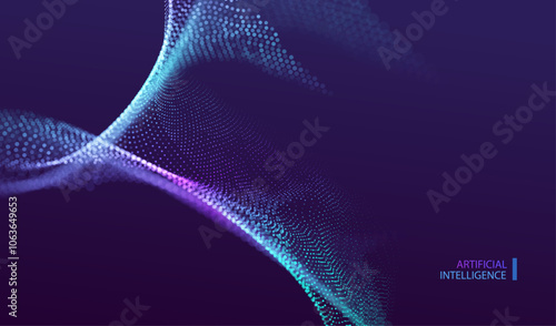 Technology Artificial Intelligence particles banner. Dots dust ai big data stream blurred waves neon blue and purple background. Futuristic splash connect design. Audio frequency concept.