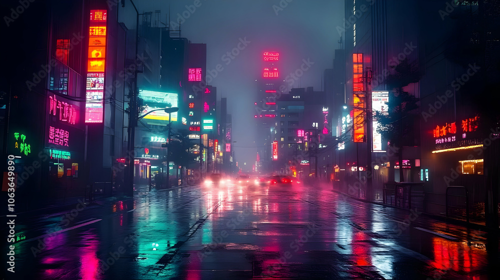 Fototapeta premium Rainy Neon City Street Illustration