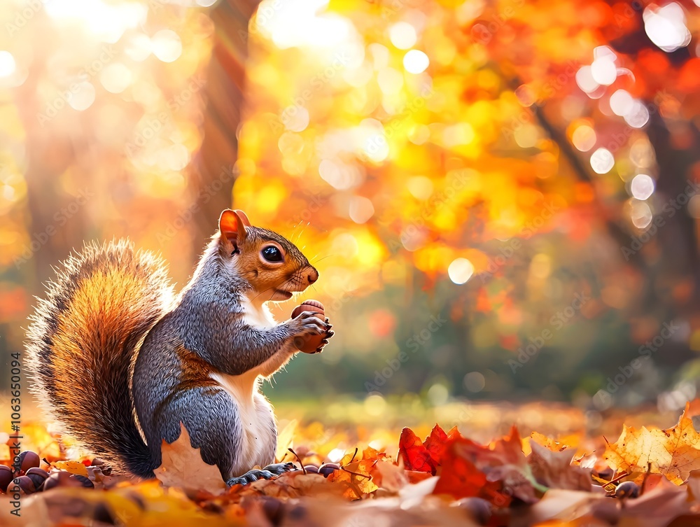 Squirrel Gathering Acorns in Autumnal Forest with Warm Sunlight Squirrel Gathering Acorns in Autumnal Forest with Warm Sunlight