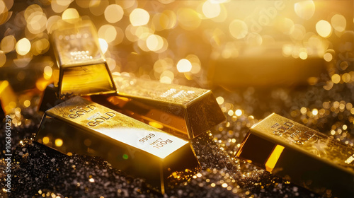 Gold bars and coins on blurred background
