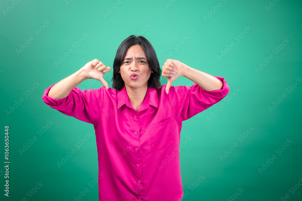 An Asian woman in a bright pink shirt poses against a green background, making a playful face and giving a thumbs-down gesture. Her expression is humorous and exaggerated. An Asian woman in a bright pink shirt poses against a green background, making a playful face and giving a thumbs-down gesture. Her expression is humorous and exaggerated.