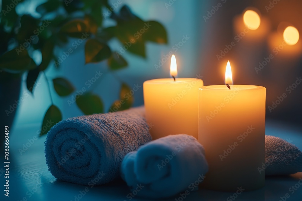 Spa Candles with Rolled Towels and Green Plant Spa Candles with Rolled Towels and Green Plant
