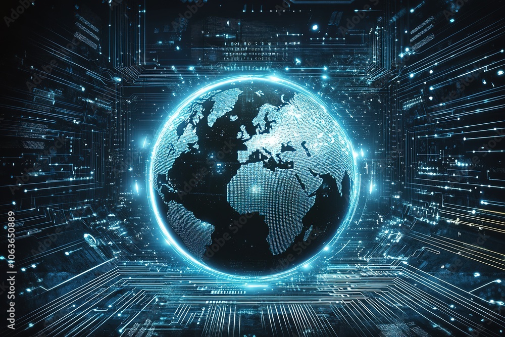 A digital globe with circuit lines representing global connectivity and data flow, symbolizing the vastness of online business growth in cyberspace A digital globe with circuit lines representing global connectivity and data flow, symbolizing the vastness of online business growth in cyberspace