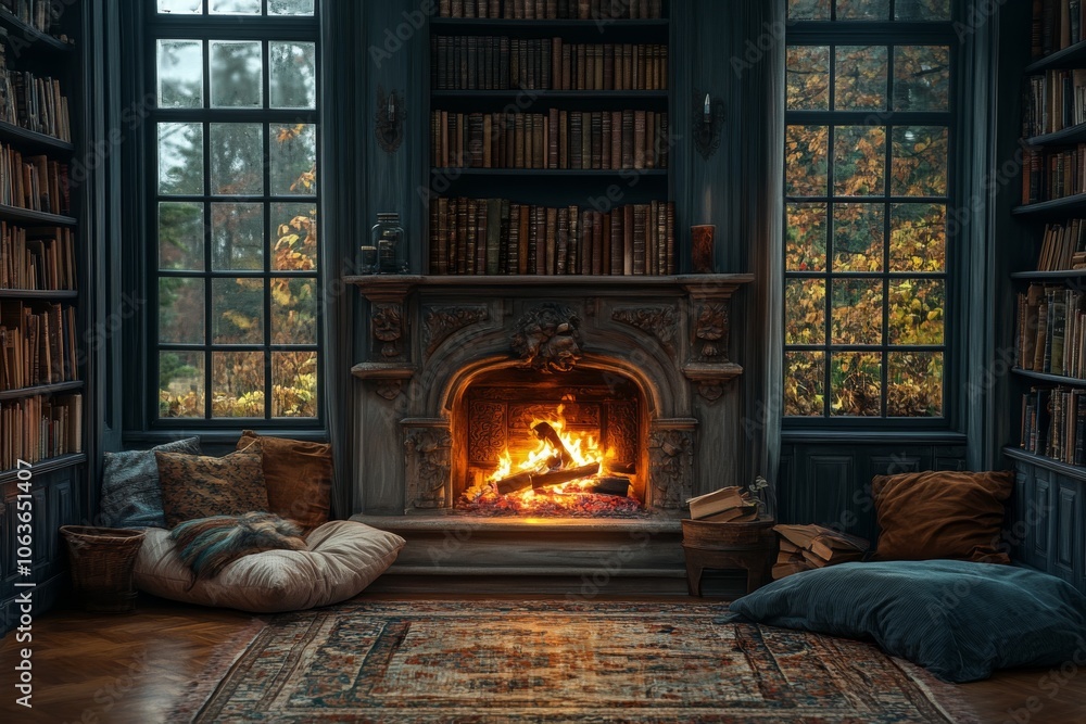 Cozy Fireplace Room with Bookshelves and Autumn View Cozy Fireplace Room with Bookshelves and Autumn View