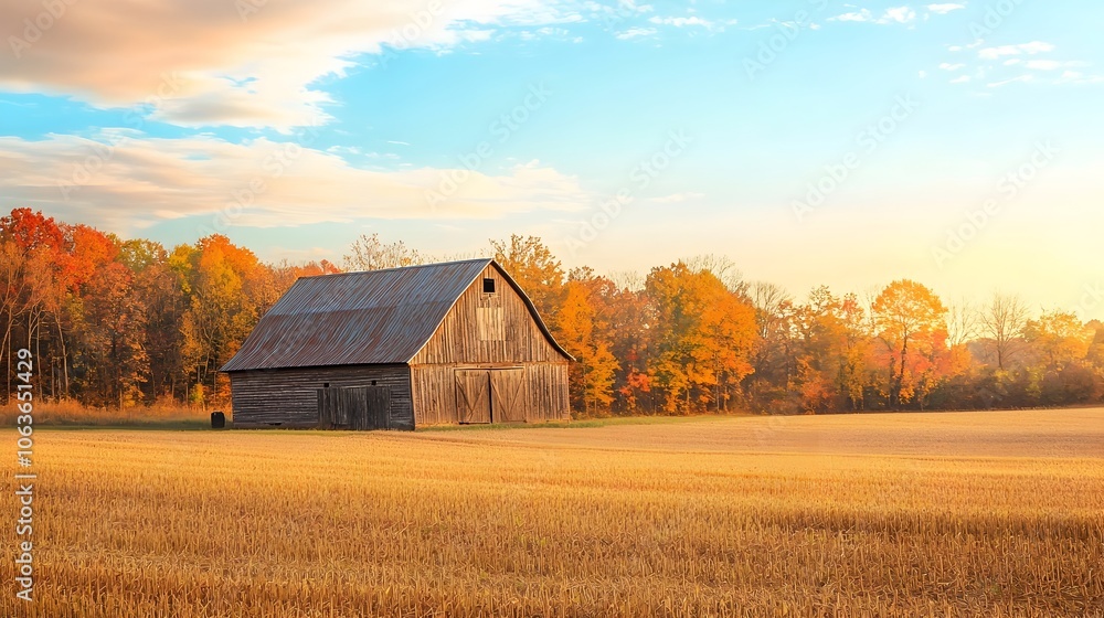 Rustic Barn Surrounded by Golden Fields and Autumn Foliage Landscape Rustic Barn Surrounded by Golden Fields and Autumn Foliage Landscape
