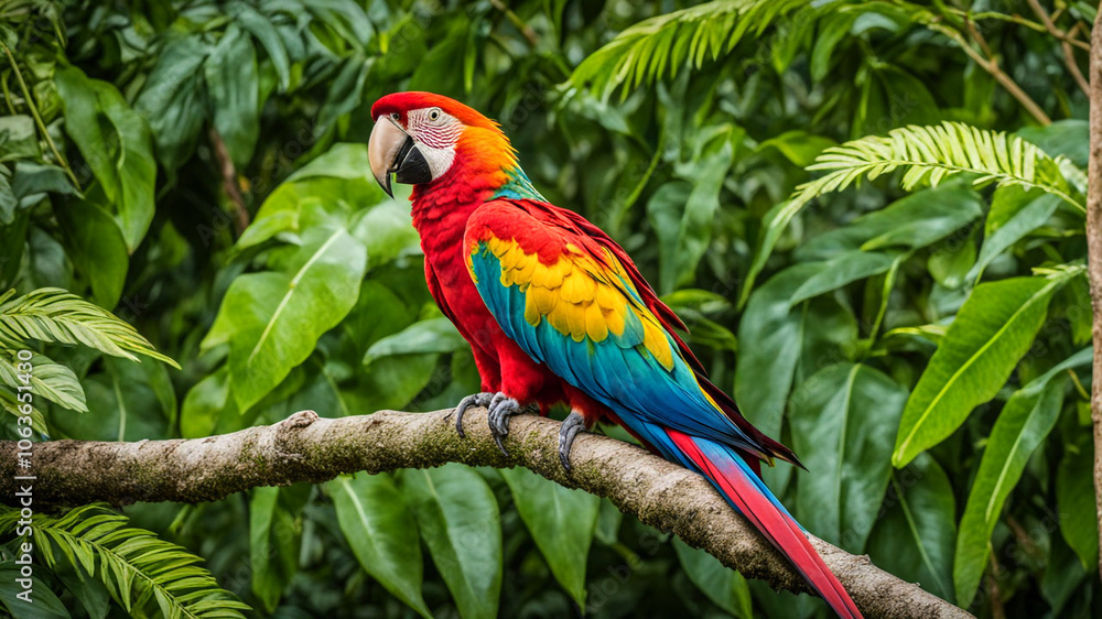 Close-up of a vibrant red and yellow macaw resting on a sturdy branch in a dense tropical rainforest where sunlight streams through the foliage enhancing the beauty of its stunning plumage Close-up of a vibrant red and yellow macaw resting on a sturdy branch in a dense tropical rainforest where sunlight streams through the foliage enhancing the beauty of its stunning plumage