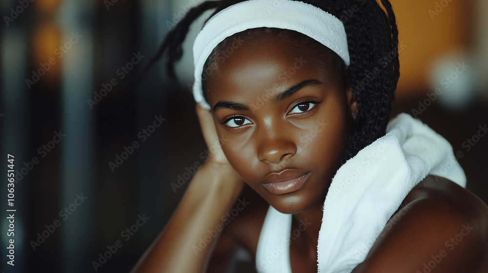 Naklejka premium W siłowni, młoda czarnoskóra atleta siedzi na ławce treningowej, z ręcznikiem zarzuconym na ramię.