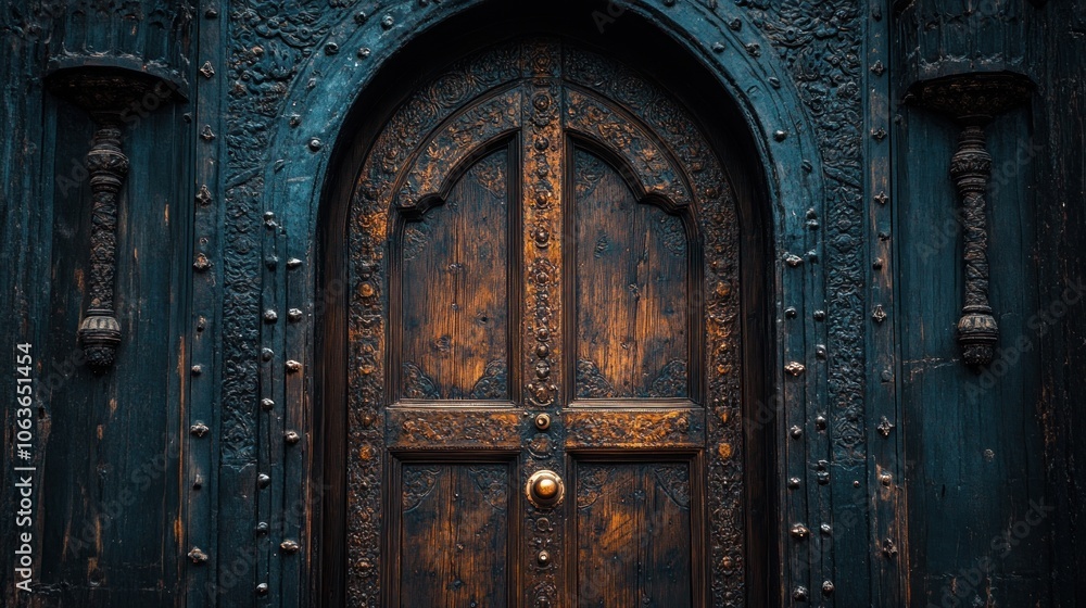An old, ornate wooden door with metal accents. An old, ornate wooden door with metal accents.