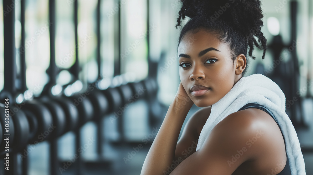 Naklejka premium W siłowni, młoda czarnoskóra atleta siedzi na ławce treningowej, z ręcznikiem zarzuconym na ramię.