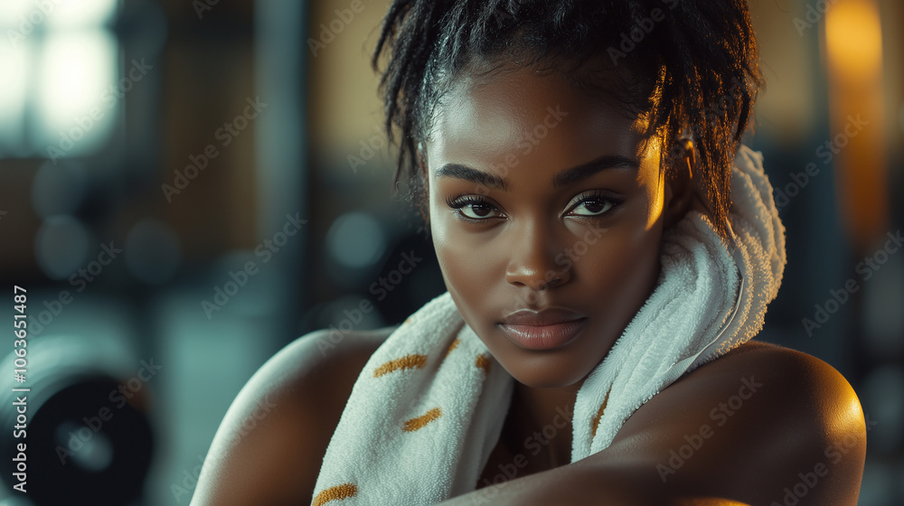 Naklejka premium W siłowni, młoda czarnoskóra atleta siedzi na ławce treningowej, z ręcznikiem zarzuconym na ramię.