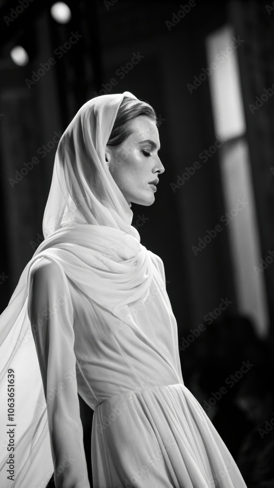 Naklejka premium Elegant Woman in Hijab, Black and White Modest Fashion Portrait