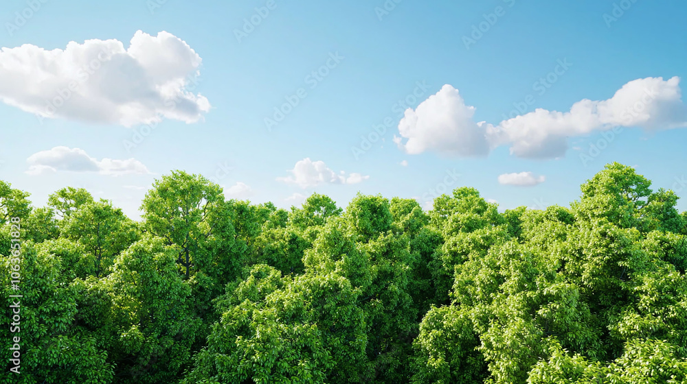 Lush green trees in vibrant forest under clear blue sky Lush green trees in vibrant forest under clear blue sky