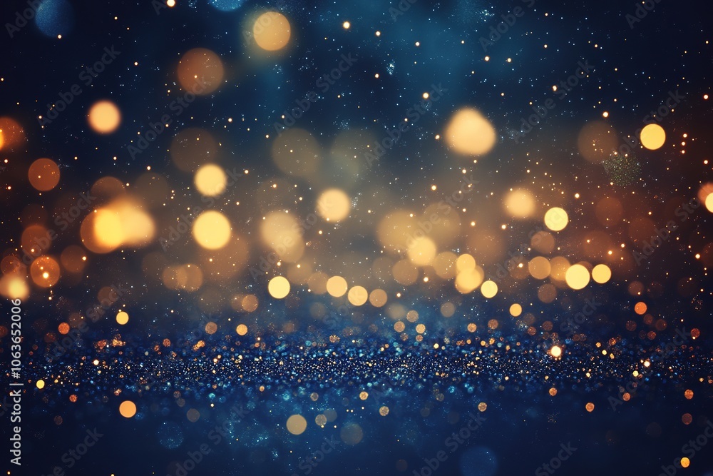 Obraz premium Dark background, starry sky, glowing particles, glowing dots, dark blue and gold tones, glowing effect, glowing light trail, fantasy space