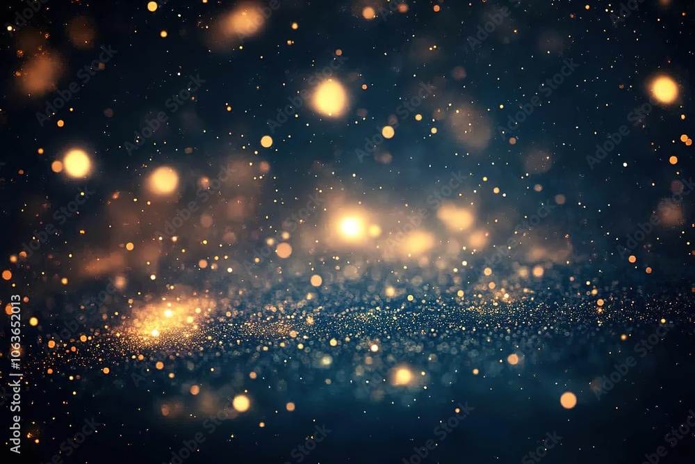 Fototapeta premium Dark background, starry sky, glowing particles, glowing dots, dark blue and gold tones, glowing effect, glowing light trail, fantasy space