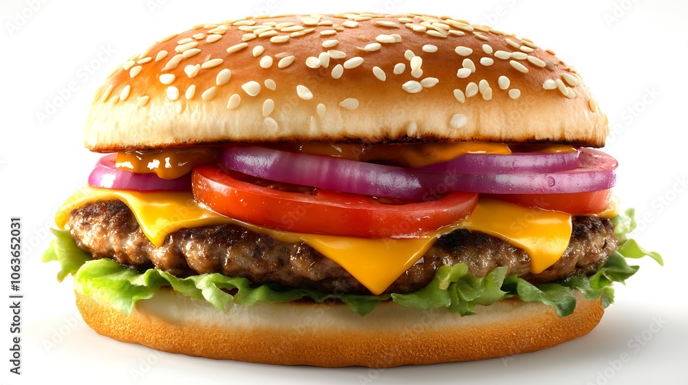 Delicious fresh tasty burger with tomatoes, onion and lettuce Delicious fresh tasty burger with tomatoes, onion and lettuce