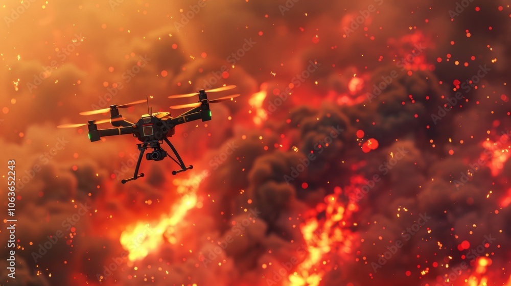 Drone with a camera flies over a wildfire, monitoring the burning forest. The image shows the urgency of using technology to prevent environmental threats like fires Drone with a camera flies over a wildfire, monitoring the burning forest. The image shows the urgency of using technology to prevent environmental threats like fires