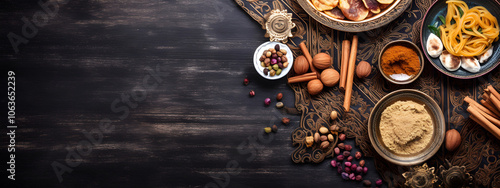 Traditional Middle Eastern spices and herbs on wooden table background, copy space photo