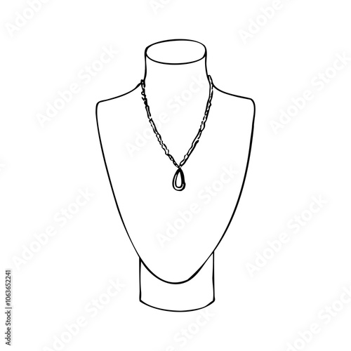 bust mannequin with drop pendant on long chain - hand drawn line art