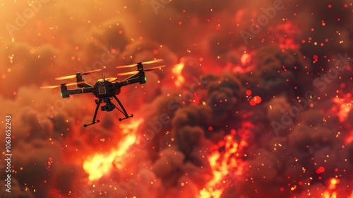 Drone with a camera flies over a wildfire, monitoring the burning forest. The image shows the urgency of using technology to prevent environmental threats like fires