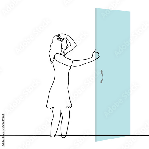 woman standing in front of open door of closet or apartment - one line art vector. concept nothing to wear, agoraphobia, disappointment with guest who came