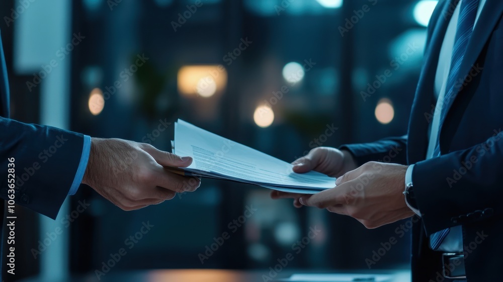 Businessman Exchanging Documents in Dim Light Businessman Exchanging Documents in Dim Light
