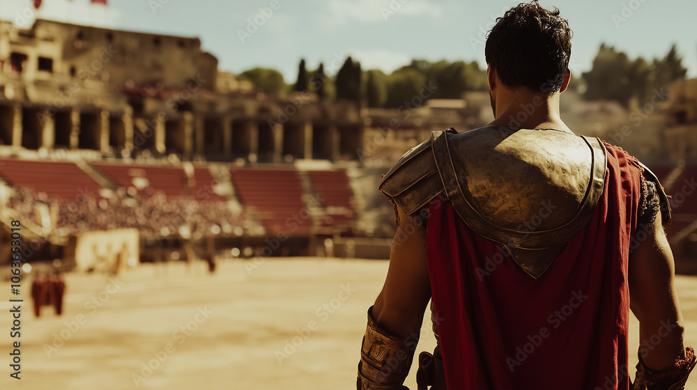 Mężczyzna w stroju gladiatora, z uniesioną głową i z bronią w dłoni, stoi w centrum areny. Mężczyzna w stroju gladiatora, z uniesioną głową i z bronią w dłoni, stoi w centrum areny.