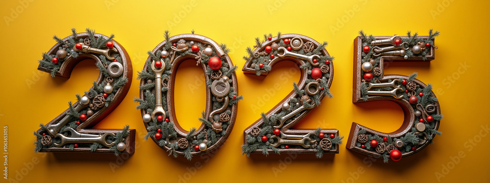 3D Happy New Year Letters on Bright Yellow Background with Festive Decor 3D Happy New Year Letters on Bright Yellow Background with Festive Decor
